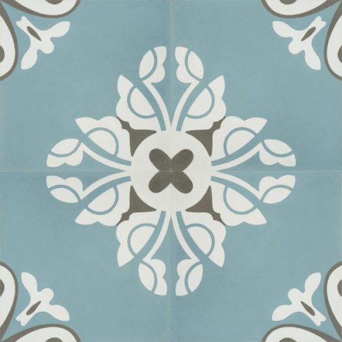 Handmade BELLE encaustic tile, a charming design in soft frosted-teal creates a tranquil and calming atmosphere; floor view - Rever Tiles; four tile view - Rever Tiles.