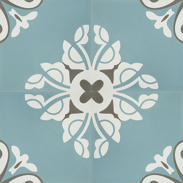 Handmade BELLE encaustic tile, a charming design in soft frosted-teal creates a tranquil and calming atmosphere; floor view - Rever Tiles; four tile view - Rever Tiles.