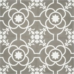 Handmade French patterned VERSAILLES encaustic tile with delicate white detail on pewter grey, four tile view - Rever Tiles.