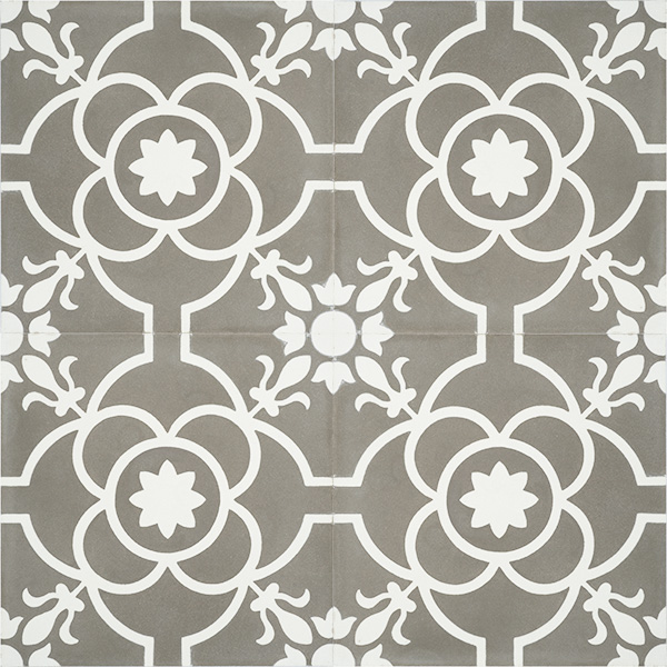Handmade French patterned VERSAILLES encaustic tile with delicate white detail on pewter grey, four tile view - Rever Tiles.