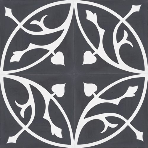 Handmade FLORENCE encaustic tile with classic flora pattern of stylised acanthus leaf in white on black, four tile view - Rever Tiles.