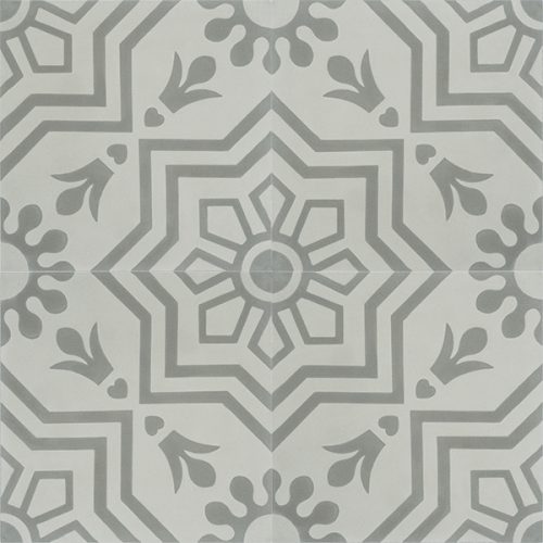 Handmade AZTEC decorative encaustic tile, with subtle grey on grey and soft contrast in a pattern that is not overbearing, four tile view - Rever Tiles.