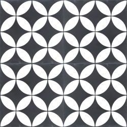 Handmade COROLLA encaustic tile, a popular geometric design in black and white, four tile view - Rever Tiles.