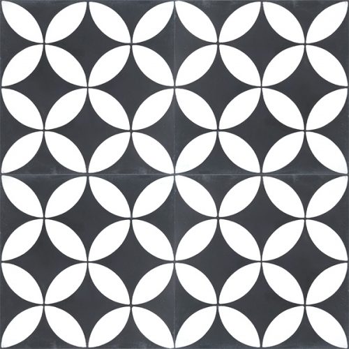 Handmade COROLLA encaustic tile, a popular geometric design in black and white, four tile view - Rever Tiles.