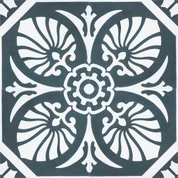 Handmade HOJA encaustic tile of old Spanish design in gunmetal blue and white has a laid-back, casual vibe - four tile view - Rever Tiles.