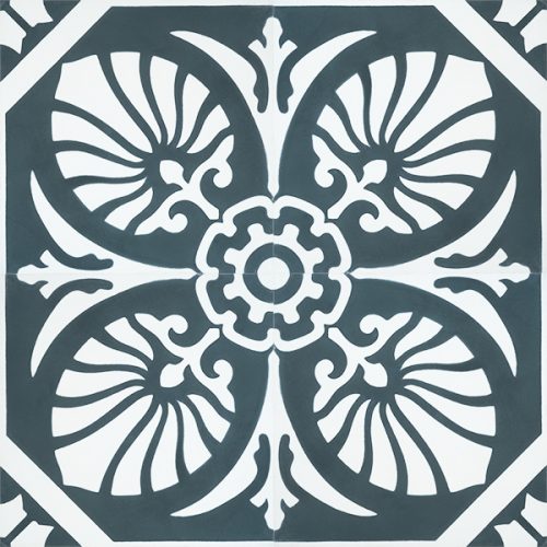 Handmade HOJA encaustic tile of old Spanish design in gunmetal blue and white has a laid-back, casual vibe - four tile view - Rever Tiles.