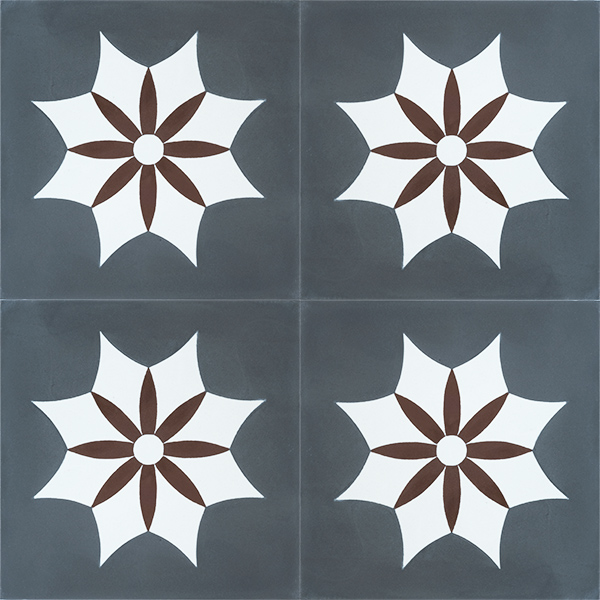 Handmade IGUALA encaustic tile of old Spanish design is truly captivating. A deep red flower enveloped by a white star on dark grey background, four tile view - Rever Tiles.