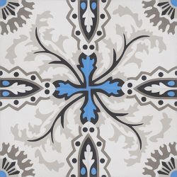 Handmade SANTORINI encaustic tile with a traditional design is truly captivating. It is delicate and timeless with a splash of bright blue in likeness to the seawater off Santorini; four tile view - Rever Tiles.