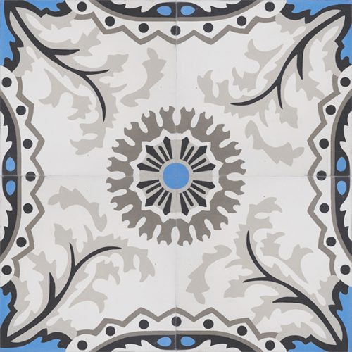 Handmade SANTORINI encaustic tile with a traditional design is truly captivating. It is delicate and timeless with a splash of bright blue in likeness to the seawater off Santorini; four tile view - Rever Tiles.