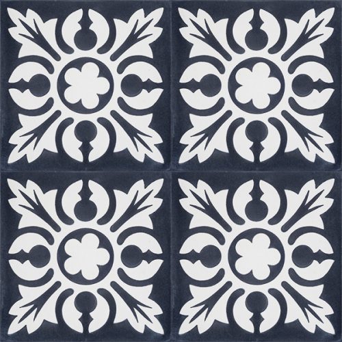 Handmade SOL encaustic tile, a lively charcoal and white tile with a French pattern that offers a vintage feel, four tile view - Rever Tiles.