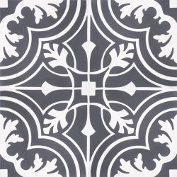 Handmade VALENCIA encaustic tile, a vintage look floral-inspired tile in white on charcoal; four tile view - Rever Tiles.