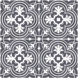 Handmade VALENCIA encaustic tile, a vintage look floral-inspired tile in white on charcoal; floor view - Rever Tiles.