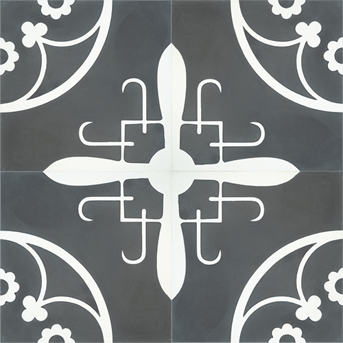 Handmade LORCA encaustic tile of old Spanish design with old-world feel in charcoal and white, four tile view - Rever Tiles.