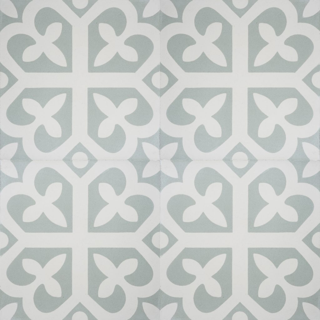 Handmade SPIRIT encaustic tile with whimsical French pattern, in pale green and white, four tile view - Rever Tiles.