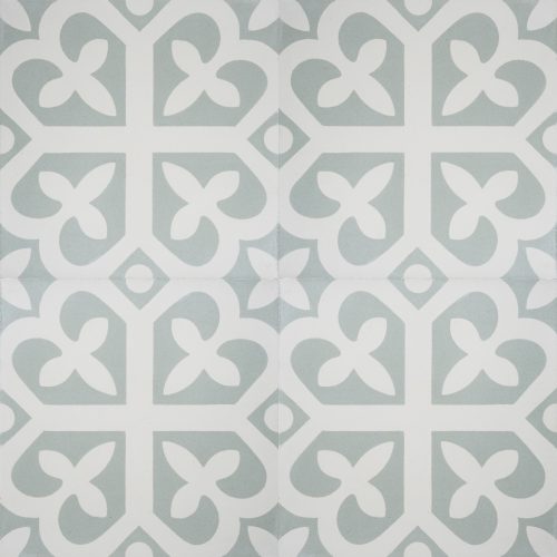 Handmade SPIRIT encaustic tile with whimsical French pattern, in pale green and white, four tile view - Rever Tiles.