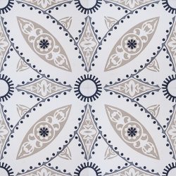 Handmade Tulle encaustic tile, with its intricate design and neutral colour scheme works perfectly in more formal spaces, such as dining rooms and hotel foyers; four tile view - Rever Tiles.