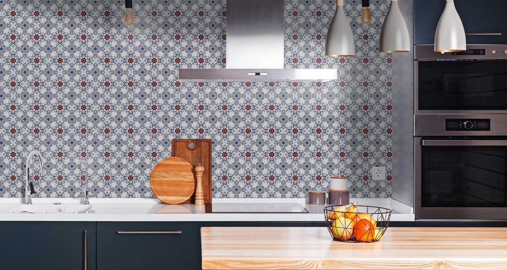 Handmade encaustic cement tiles used in a splashback in the kitchen – Rever Tiles.