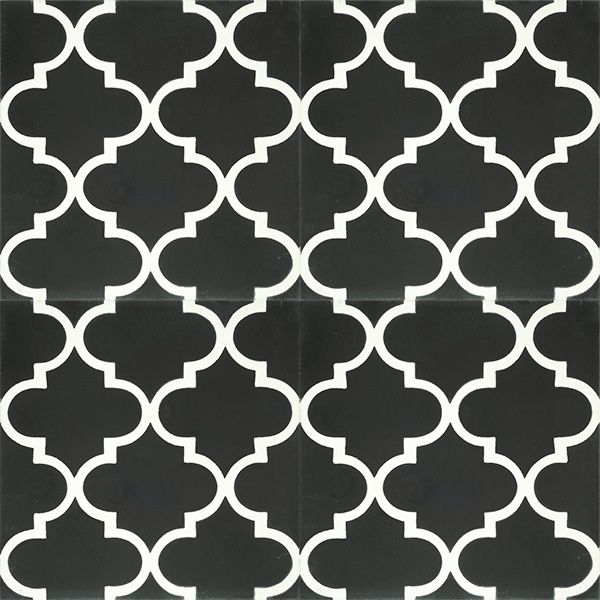 Handmade ARABESQUE encaustic tile in white on black, Moroccan style with a rhythmic pattern that exudes exotic appeal, four tile view - Rever Tiles.
