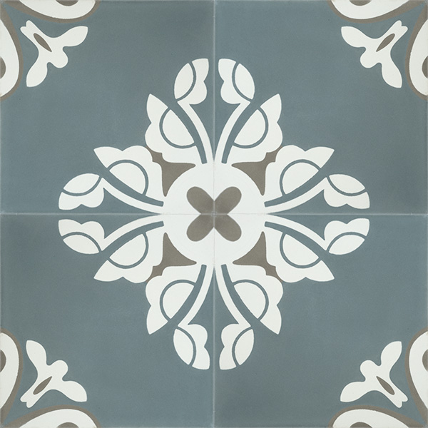 Handmade BELLE encaustic tile, a charming design in stylish and on trend steel-teal creates a tranquil and calming atmosphere; four tile view - Rever Tiles.
