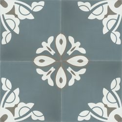 Handmade BELLE encaustic tile, a charming design in stylish and on trend steel-teal creates a tranquil and calming atmosphere; four tile view - Rever Tiles.
