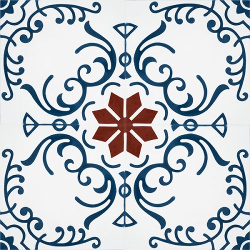 Our Tendril encaustic tile, that’s full of colour and pattern, adorned with blue swirls encircling a red eight-pointed star that echoes back to traditional designs, is one of a kind; four tile view - Rever Tiles.
