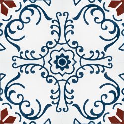 Our Tendril encaustic tile, that’s full of colour and pattern, adorned with blue swirls encircling a red eight-pointed star that echoes back to traditional designs, is one of a kind; four tile view - Rever Tiles.