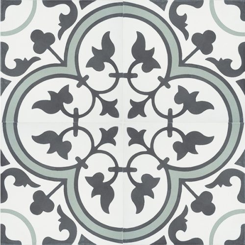 Handmade TREFLE encaustic tile with endearing traditional clover design in graphite and white with a splash of moss green, four tile view - Rever Tiles.