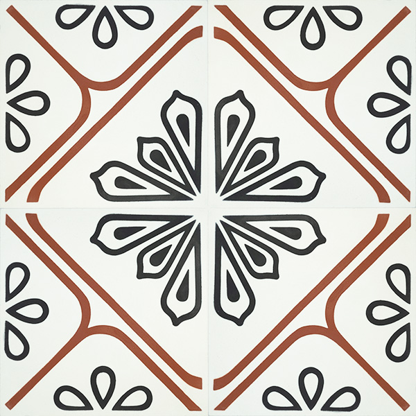 Handmade JOYA encaustic tile with eye-catching bold red linework, four tile view - Rever Tiles.