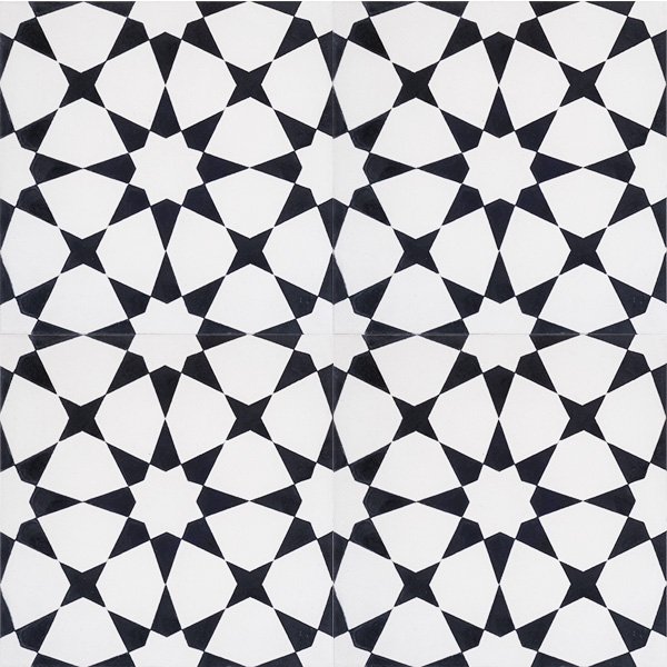Handmade ESTRELLA encaustic tile, a highly patterned and distinctly Moroccan tile in black and white, four tile view - Rever Tiles.