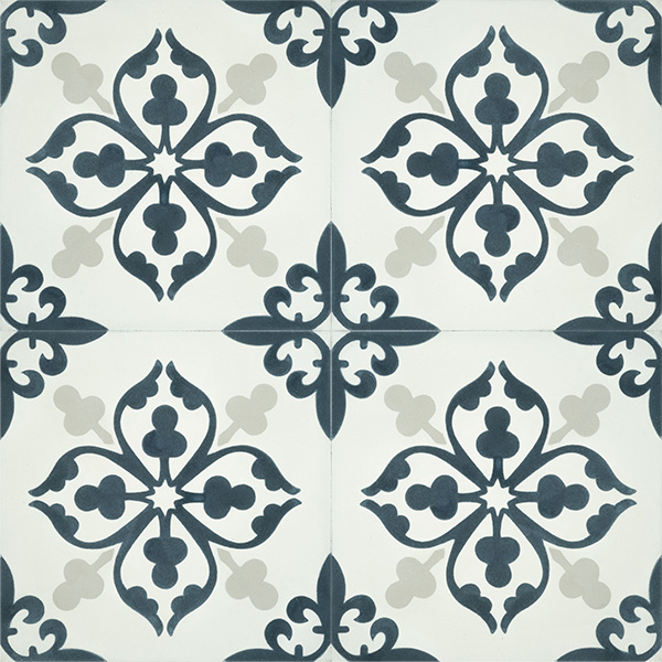 Add character and fresh dimension to any room with our Floret encaustic tile in dark teal and white. Four tile view - Rever Tiles.