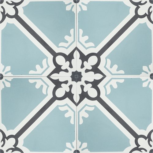 Handmade ANDALUCIA encaustic tile, a somewhat regal design where geometric and floral motifs interplay. Four tile view - Rever Tiles.