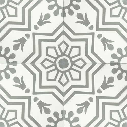 Handmade AZTEC decorative encaustic tile, with grey on white and moderate contrast in a pattern that is not overbearing, four tile view - Rever Tiles.