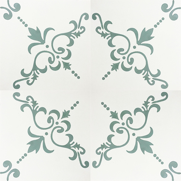 Handmade DALMATIA encaustic tile with cues of Eastern European design, delicate and nostalgic in heritage shades of off-white and green. Four tile view - Rever Tiles.