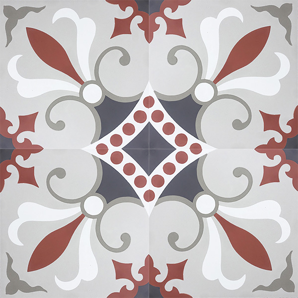 Handmade HAVANA encaustic tile in warm red, greys and white, is fun and colourful. An eclectic design of Cuban origin, four tile view - Rever Tiles.