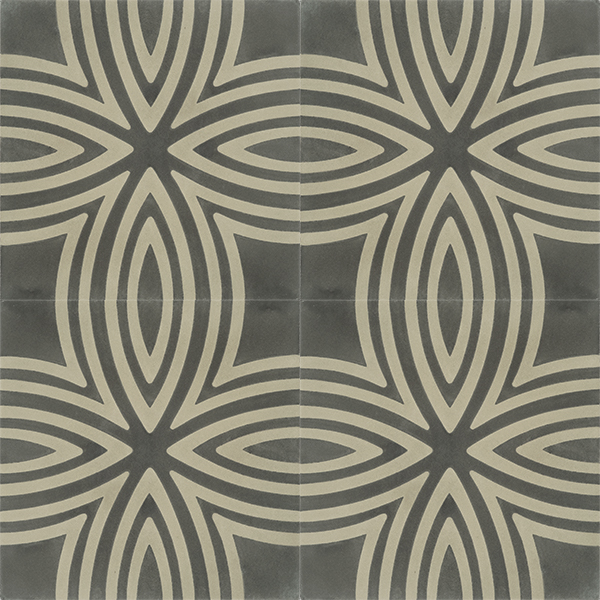 Handmade KALAMOS encaustic tile, with rich detail, understated design and a touch of masculinity. Four tile view - Rever Tiles.