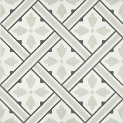 Handmade PANIER encaustic tile, with its basket weave design in soft grey, white and black is nostalgic and gives a strong sense of French countryside. Four tile view - Rever Tiles.