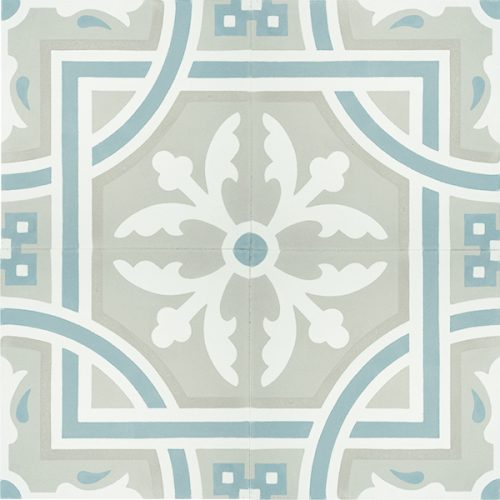 Handmade SANTIAGO encaustic tile, in soft grey and white with accent of frosted teal, a perfect tile for coastal-style design. Four tile view - Rever Tiles.