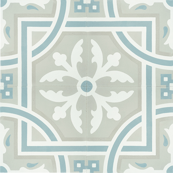 Handmade SANTIAGO encaustic tile, in soft grey and white with accent of frosted teal, a perfect tile for coastal-style design. Four tile view - Rever Tiles.