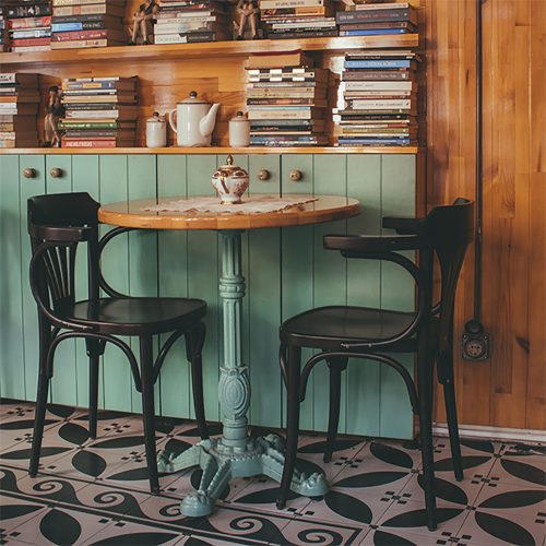 Encaustic cement tile on floor of cafe