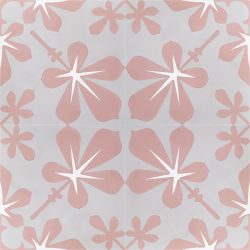 Distance yourself from the traditional and pursue the modernist approach with our delightful handmade AMAPOLA encaustic tile, a floral design in soft coral pink and warm grey. Four tile view - Rever Tiles.