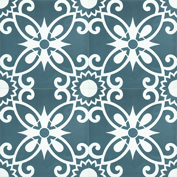 Full of colour, pattern and artistic free spirit, embrace the carefree Bohemian style with our Handmade BOHO encaustic tile in teal blue and white. Four tile view - Rever Tiles.