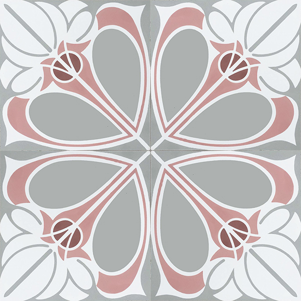 Handmade CIENFUEGOS encaustic tile. Charming French air and feisty Caribbean spirit is blended into one extraordinary design with calming coral pink, white and pale grey colour palette. Four tile view - Rever Tiles.