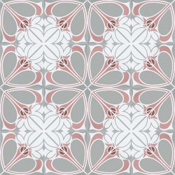 Handmade CIENFUEGOS encaustic tile. Charming French air and feisty Caribbean spirit is blended into one extraordinary design with calming coral pink, white and pale grey colour palette. Floor view - Rever Tiles.