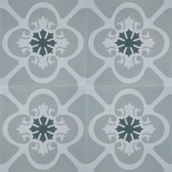 GRACIA encaustic tile with a pared back design and calming colour palette in mixed greys with green undertone, is both timeless and practical. Four tile view - Rever Tiles.