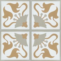 Handmade LIRIO encaustic tile. Warm and full of depth, an accent wall or floor adorned with this spirited pattern adds a sense of character and history and the neutral earthy tones a rustic, organic feel. Four tile view - Rever Tiles.