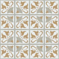 Handmade LIRIO encaustic tile. Warm and full of depth, an accent wall or floor adorned with this spirited pattern adds a sense of character and history and the neutral earthy tones a rustic, organic feel. Floor view - Rever Tiles.