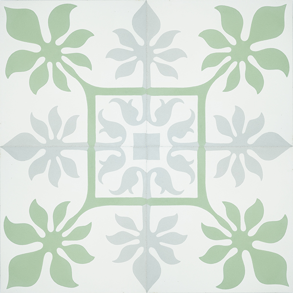 Create paradise at home with our tropical inspired, handmade MARCHENA encaustic tile. This reproduction encaustic tile in mint green, cool grey and white, will brighten any space. Four tile view - Rever Tiles.