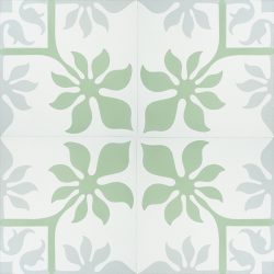 Create paradise at home with our tropical inspired, handmade MARCHENA encaustic tile. This reproduction encaustic tile in mint green, cool grey and white, will brighten any space. Four tile view - Rever Tiles.
