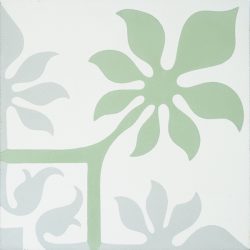 Create paradise at home with our tropical inspired, handmade MARCHENA encaustic tile. This reproduction encaustic tile in mint green, cool grey and white, will brighten any space. Single tile view - Rever Tiles.