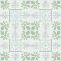 Create paradise at home with our tropical inspired, handmade MARCHENA encaustic tile. This reproduction encaustic tile in mint green, cool grey and white, will brighten any space. Floor view - Rever Tiles.
